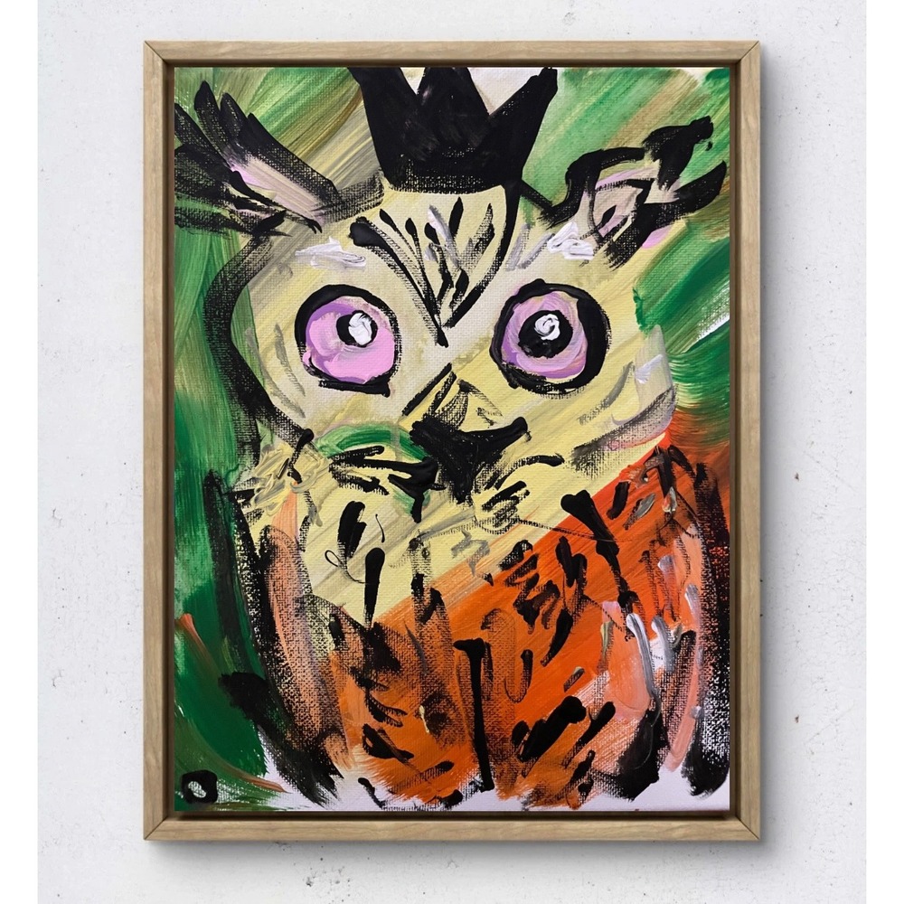 OMAN Original Owl Painting 8x10 Canvas Abstract Bird Art Crowned Owl Wall Decor